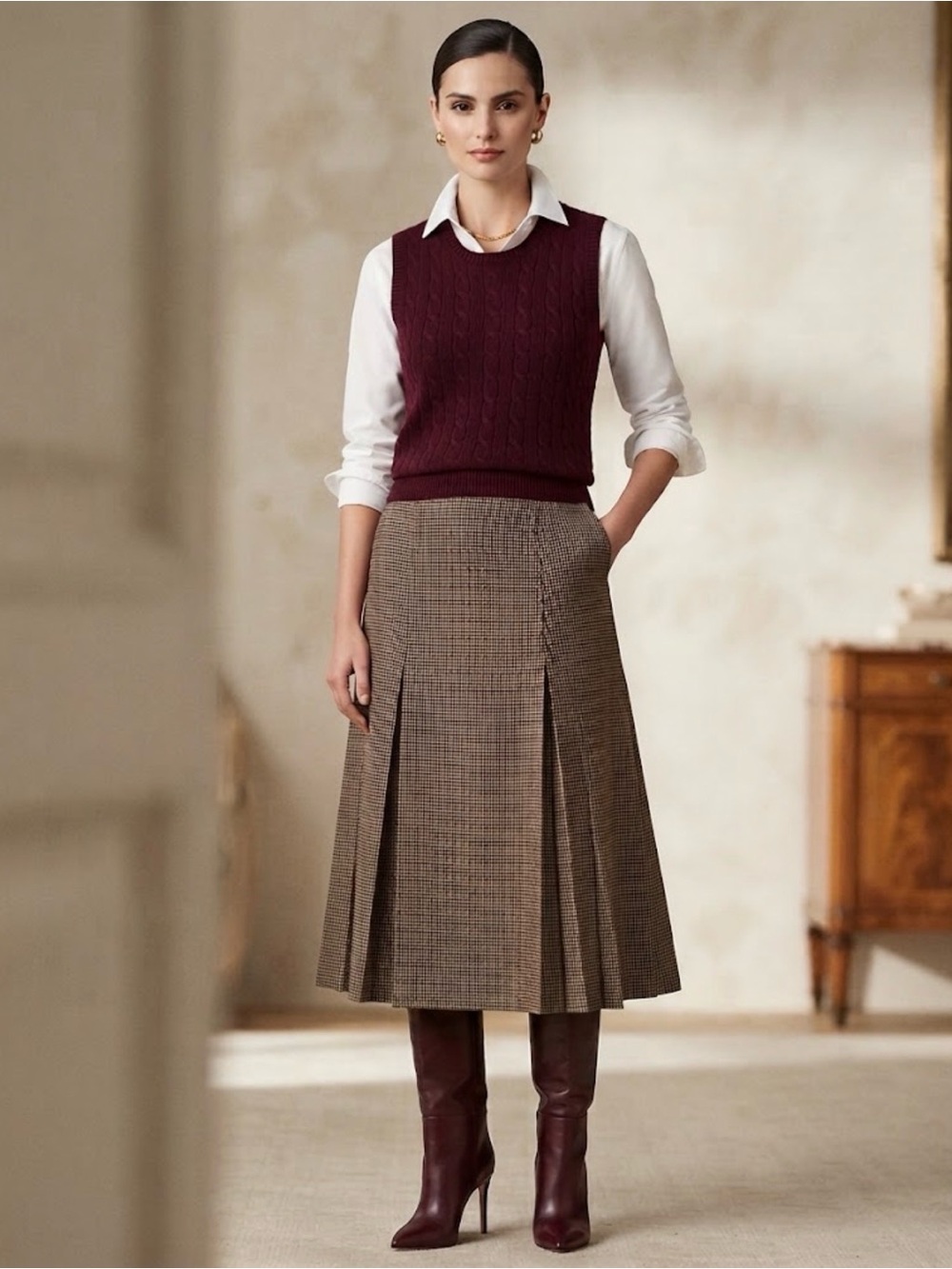 Brooks Brothers Houndstooth Wool Silk-Lined Pleated Midi Skirt Sz 12